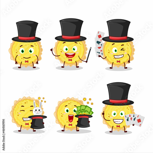 A cheese tart Magician cartoon character perform on a stage