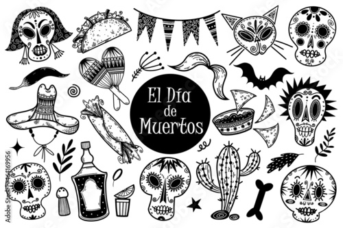 Vector set for the day of the dead. Traditional Mexican symbols - skull, tequila, cactus, sombrero, burrito, nachos, chili. Festive elements sketch. Hand drawn monochrome doodles isolated on white