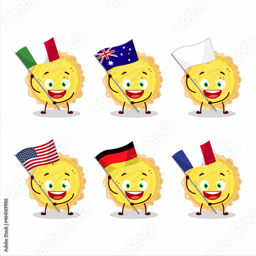 Cheese tart cartoon character bring the flags of various countries
