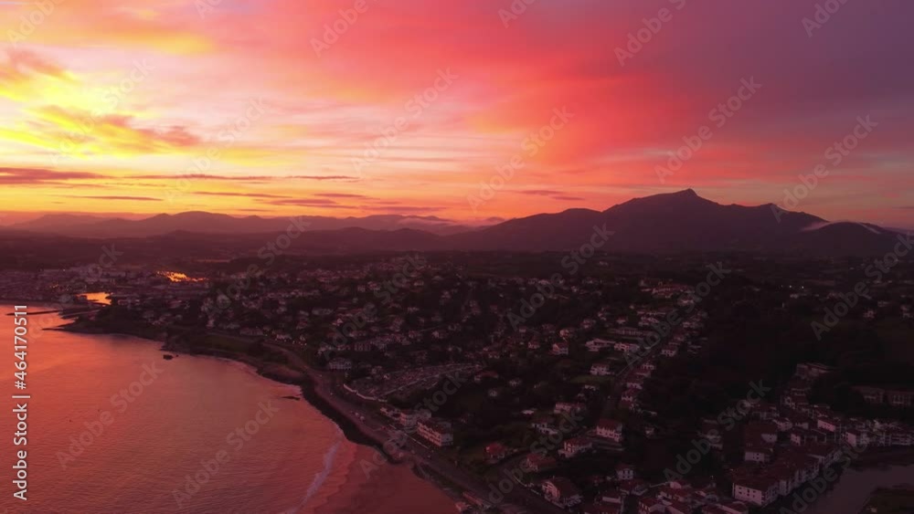 Aerial view of stunning sunrise on the bay of saint jean de luz little town in France on the ocean coastline