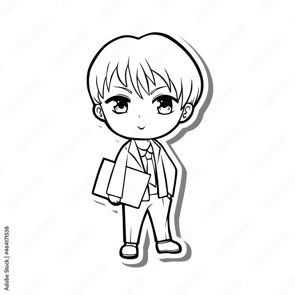 Black line cute cartoon Office Man. Male employee in a suit holding documents. Doodle on white silhouette and gray shadow. Vector illustration about working person, coloring and any design. Black line cute cartoon Office Man. Male employee in a suit holding documents. Doodle on white silhouette and gray shadow. Vector illustration about working person, coloring and any design.