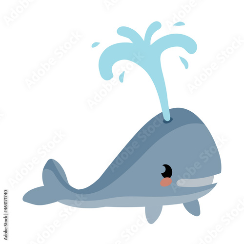 Cute funny whale with water fountain. Marine animal. Funny blue sperm whale. Children drawing in Scandinavian style