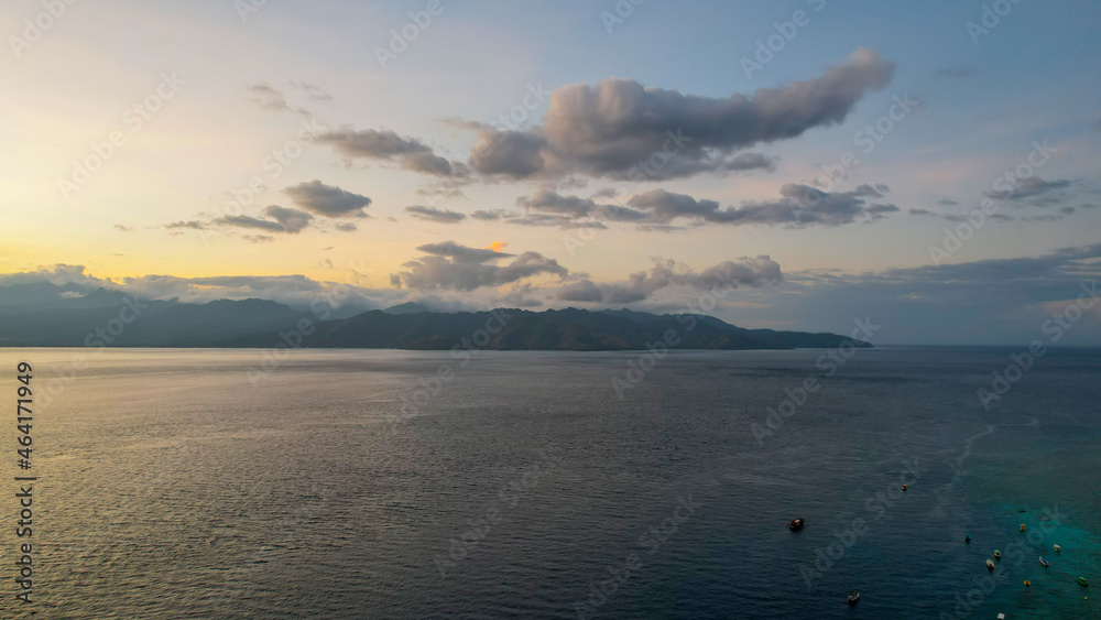 Fototapeta premium Aerial view of Gili Trawangan Island, Indonesia with morning sunrise sunlight. Lombok, Indonesia