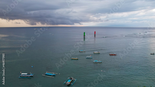 Aerial view of beautiful Sunrise in Matahari Terbit Beach with morning sunrise sunlight. Denpasar, Indonesia photo