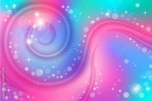 Rainbow fantasy background. Holographic illustration. Multicolored sky with stars and bokeh.