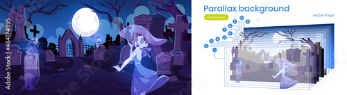 Old cemetery with ghosts, memorial tombstones, graves and crypts. Vector parallax background for 2d animation with cartoon night landscape with graveyard, moon in sky and spirits of dead people