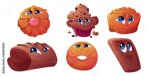Cute bakery characters, donut, cake, chocolate cookie and roll. Vector cartoon set of funny sweet pastry food, muffin, cinnamon bun and shortbread isolated on white background