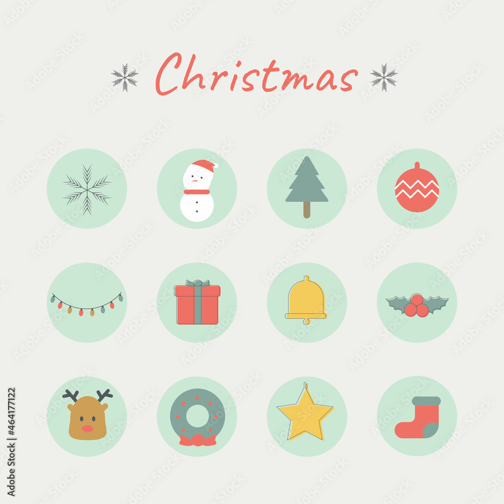 icon Set of Vector Christmas . reindeer,Gift, Pine, Ball,  Gingerbread Man, Bell, Mistletoe Wreath and snowman. 