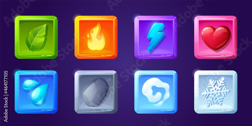 Game ui app icons, square buttons, cartoon menu interface 2d gui graphic design elements. Green leaf, fire, flash, heart, water drops, stone and air or smoke, snowflake user panel isolated vector set