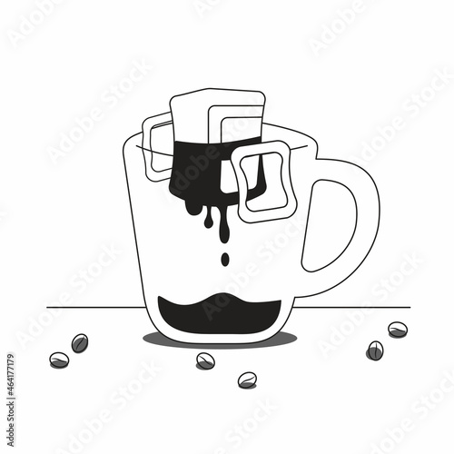 Drip bag coffee cup Illustration . vector dripped coffee making process
