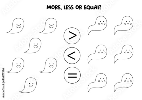 More, less, equal with cute cartoon ghosts. Math comparison.