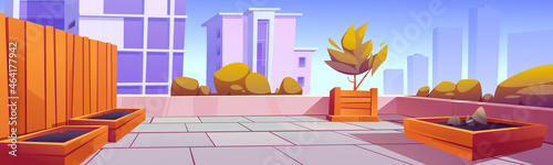 Rooftop garden, building terrace with green plants and wooden crates for gardening and farming. Vector cartoon illustration of modern patio with trees and bushes on house roof or balcony