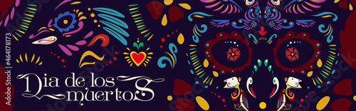 Dia de los Muertos poster with fancy pattern of skull with flowers, hearts and birds on black background. Vector banner of Day of Dead in Mexico with cartoon illustration of traditional mexican print