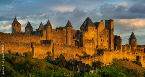Fortifications Carcassonne in the light of the setting sun