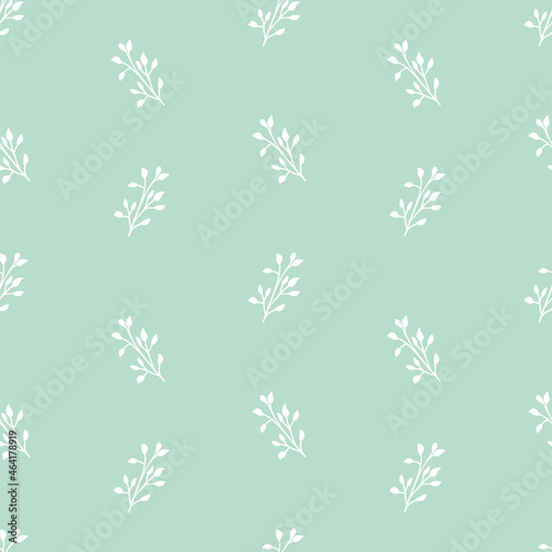Seamless pattern of white leaves on mint background. Hand drawn digital paper. Doodle. Blackboard for wallpaper, fabric, packing, wrapping, logo.