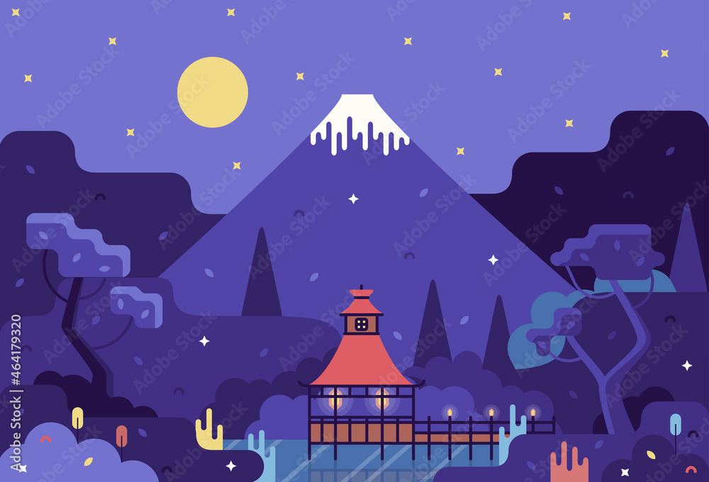 Night landscape, pagoda on a lake among the hills, in the background a mountain with a snowy peak. Vector cartoon illustration in flat stile