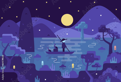 Fisherman in a boat with two cormorants, chinese fishing. Vector cartoon illustration in flat stile