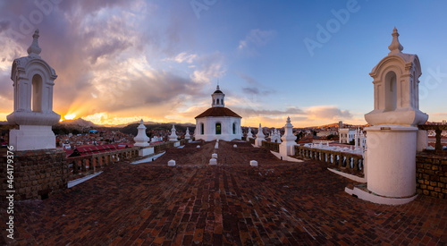 Rooftop of the Felipe Neri church at sunset in the city of Sucre, Bolivia.