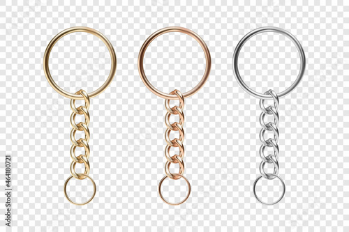 Vector 3d Realistic Metal Golden, Silver Chain Keychain, Ring Icon Set Closeup Isolated. Stainless Steel Chains, Chains Key Holder Design Template. Key Rings photo