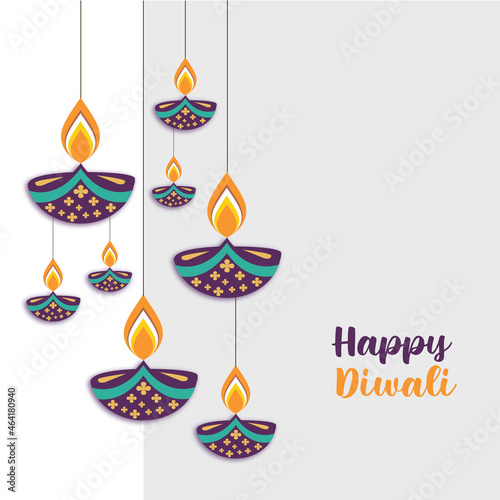 Happy Diwali Hindu festival modern design with oil lamps on colorful waves and beautiful flowers of lights. Holiday background for branding, card, banner, cover, flyer or post