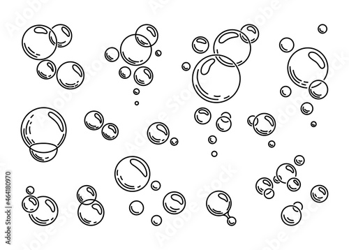 Bubbles of carbonated drink, medicine, oxygen, water. Soap bubbles set. Vector outline illustration isolated background.