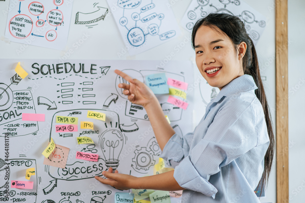 Young working woman present planing of project on board Young working woman present planing of project on board