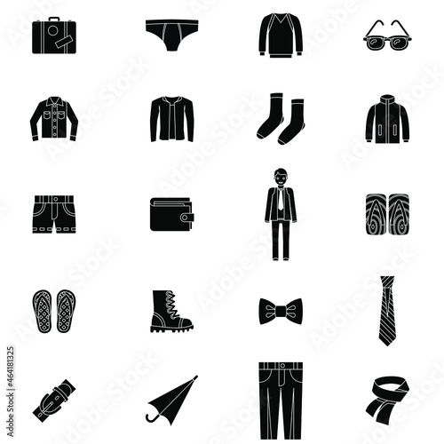 Black and white Mens accessories flat vector icon collection set