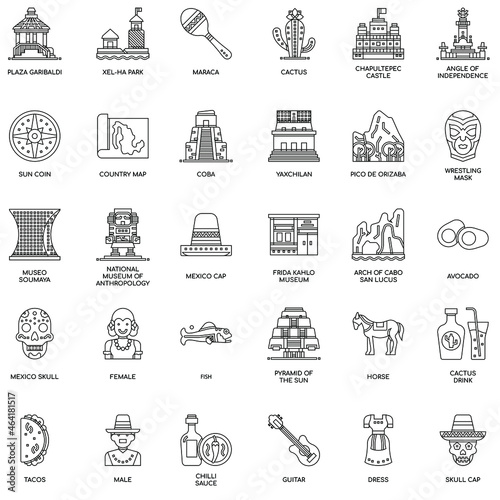 Outline Mexico Elements flat vector icon collection set photo