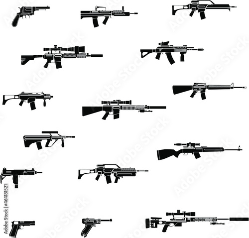 Military weapons black and white flat vector collection set