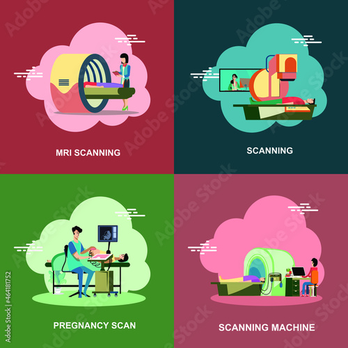 MRI, Pregnancy, CT scanning with doctors flat concept art design collection