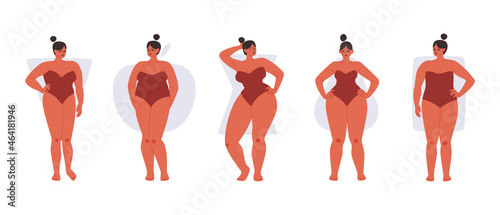 Set of full female body types isolated. Curvy women in red swimwear show off different body shapes. Vector illustration of chubby girls on a white background.