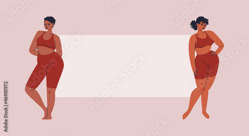Blank placard between two pretty women. Young chubby women in a tight-fitting red tracksuit. Overweight people stand in front of a blank space isolated.