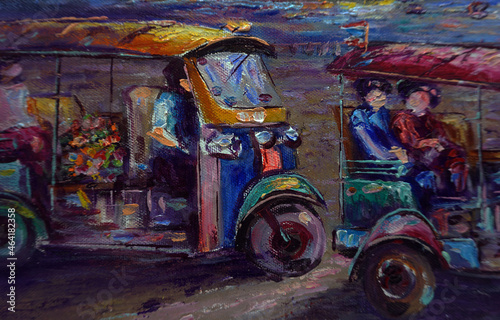 Art Oil painting Fine art Thailand Tuk Tuk car , brush stroke  , taxi © Kwang Gallery