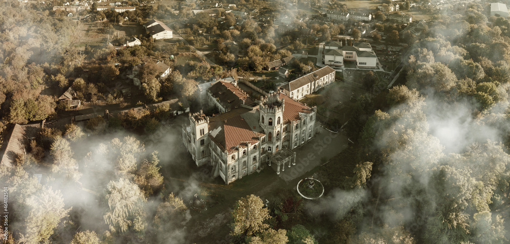 Aerial view of ruined castle in neo-gothic style, Ukraine Aerial view of ruined castle in neo-gothic style, Ukraine