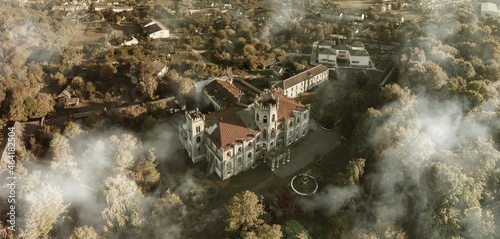 Aerial view of ruined castle in neo-gothic style, Ukraine
