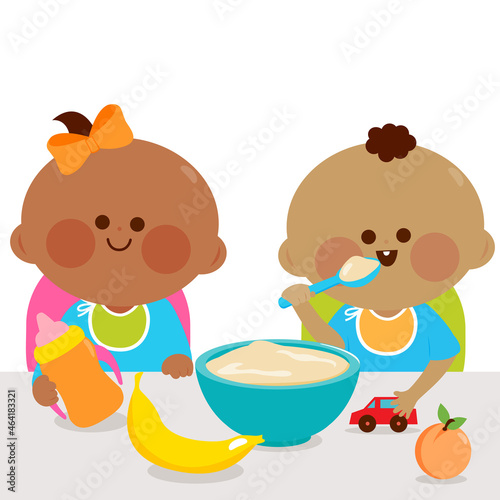 Babies eating their breakfast of cereal and fruits. Vector illustration