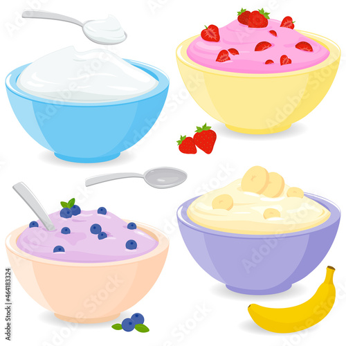 Bowls with fruit yogurt or cream. Vector illustration