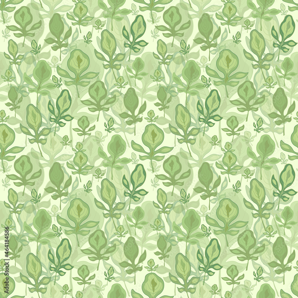 Green leaves of different sizes seamless pattern
