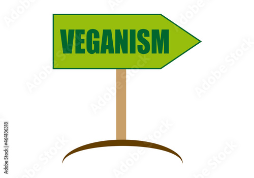 Icono de cartel con flecha de vegano con hojas verdes en fondo blanco.