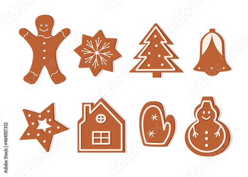 A set of Christmas gingerbread cookies of different shapes. Delicious New Year's dessert, festive curly cookies with icing.