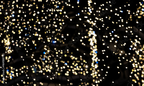 Defocused lights, Christmas lights lanterns late at night on the trees. Christmas and New Year holiday concept