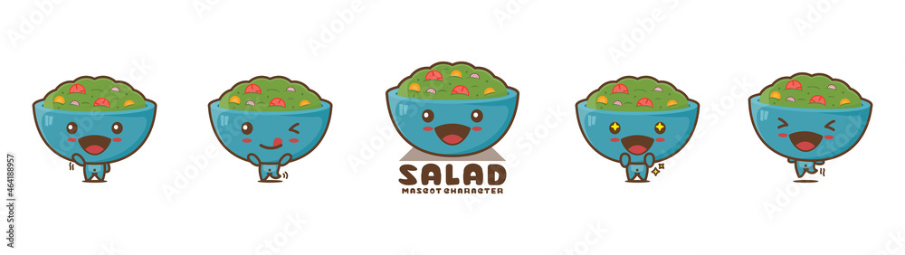 bowl and salad cartoon mascot, vegetarian food vector illustration, with different facial expressions and poses bowl and salad cartoon mascot, vegetarian food vector illustration, with different facial expressions and poses