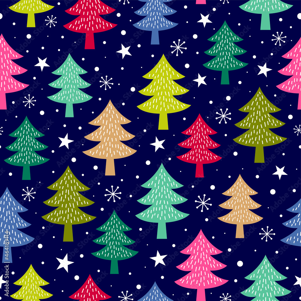 Colorful pine tree, snowflake and star seamless pattern.