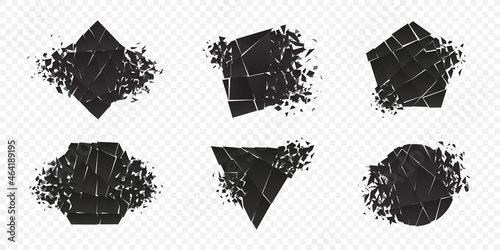 Shape explosion broken and shattered flat style design vector illustration set isolated transparent background. Rhombus, hexagon, triangle, pentagon, square circle shape grayscale exploding demolition