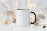 White ceramic coffee cup with black handle mockup with winter xmas decorations and copy space for your design. Front view 10oz cup background for Christmas promotional content