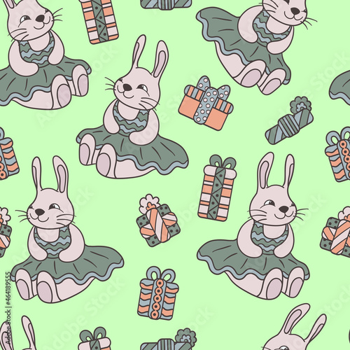 Seamless pattern with toy bunny and gifts