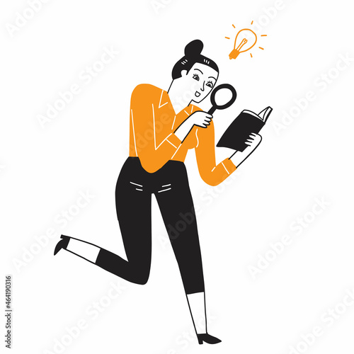 A young woman employee uses a magnifying glass to read clearly as if she had a new idea.