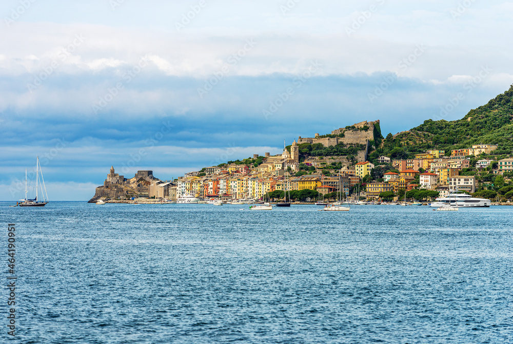 Cityscape of Porto Venere or Portovenere seen from the sea, Gulf of La Spezia, UNESCO world heritage site, La Spezia, Liguria, Italy, southern Europe.