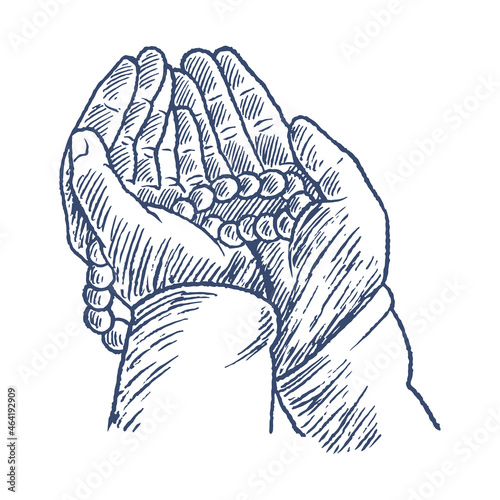 Praying hands with rosary, hand drawn vintage engraving sketch vector illustration. A human prays, holding a rosary in his hands isolated on white background