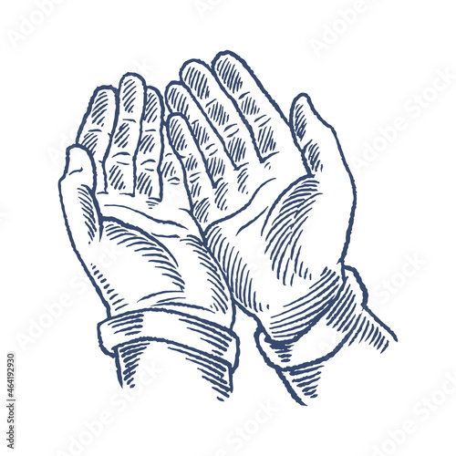 Hand drawn praying hands. A human prays, holding a rosary in his hands isolated on white background. Old vintage engraving sketch vector illustration